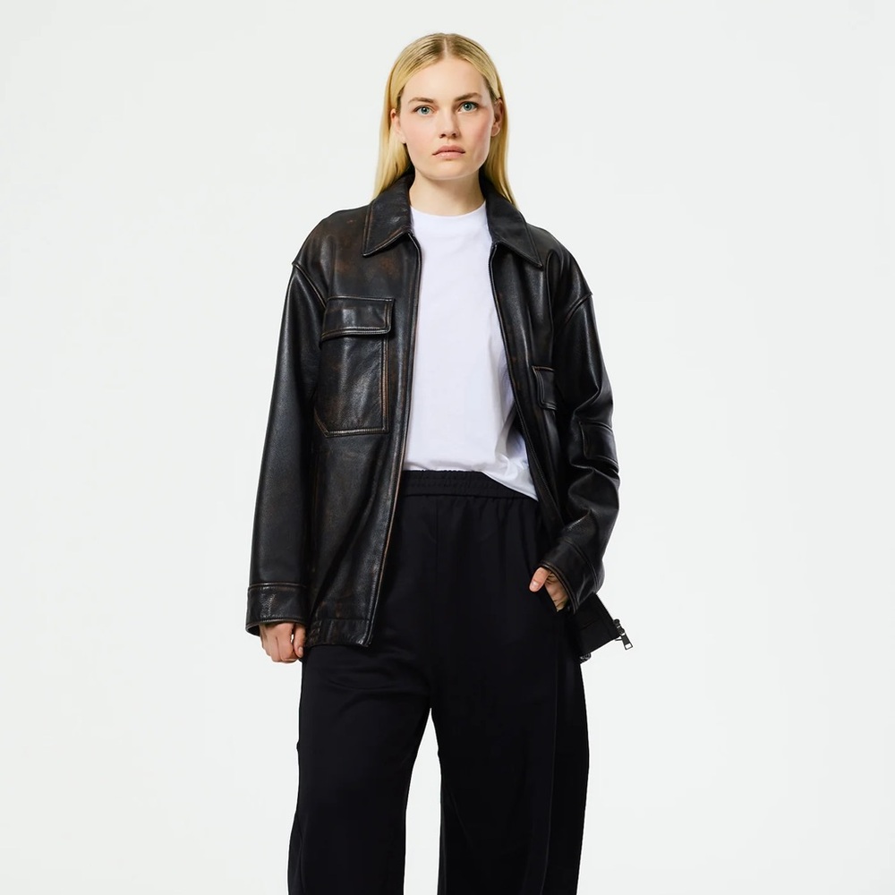 NWOT TIBI Aviator Leather Oversized Bomber in Distressed Brown / FW23 FW24